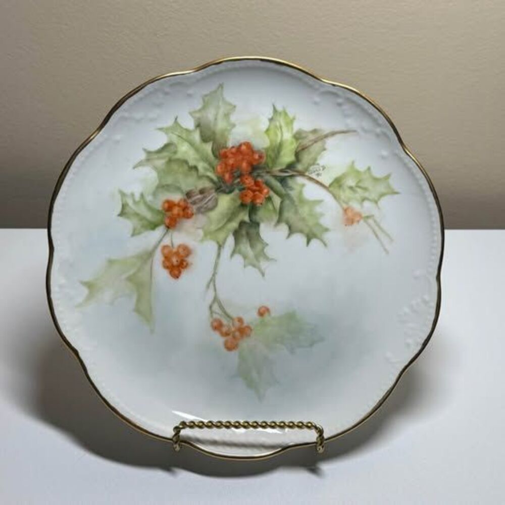 Vintage Hand-Painted Holly and Berry Porcelain Plate Signed 1980